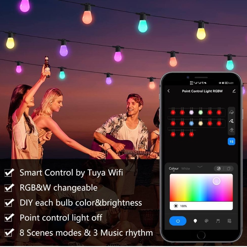 أضواء سلسلة ألوان ذكية ، 48 قدمًا ، أضواء الفناء الذكية RGBW LED أضواء سلسلة ، App&التحكم wifi ، يعمل مع Alexa ، وأضواء سلسلة تغيير اللون مع 15 مصابيح LED قابلة للضايق ، IP65 مقاومة للماء