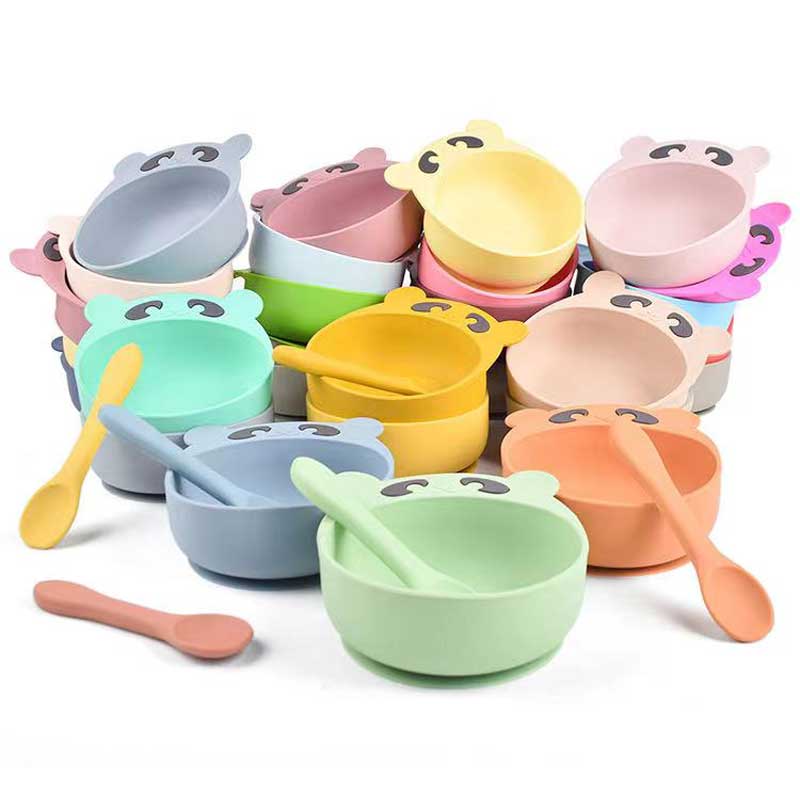 مجموعة تغذية الأطفال مجموعة ملعقة سليكون وعاء شوكة للأطفال طفل صغير لطيف وعاء السيليكون مجموعة الدب الطعام