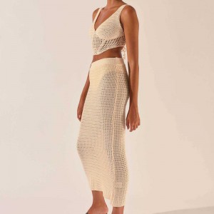 2023 نساء جديدات \\\\ ملابس الكروشيه جوفاء الحياكة v فني أكمام المحصول أعلى التنورة الورك مثيرة 2 قطعة بدلة فستان سترة