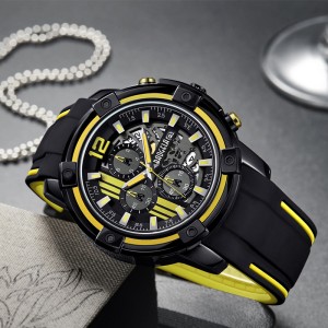 Baogel Men \\\\\'s Black Silicone Strap Quartz يشاهد Wristwatch Chronograph Sports for Man 3ATM مضيئة الأيدي الأصفر 22701