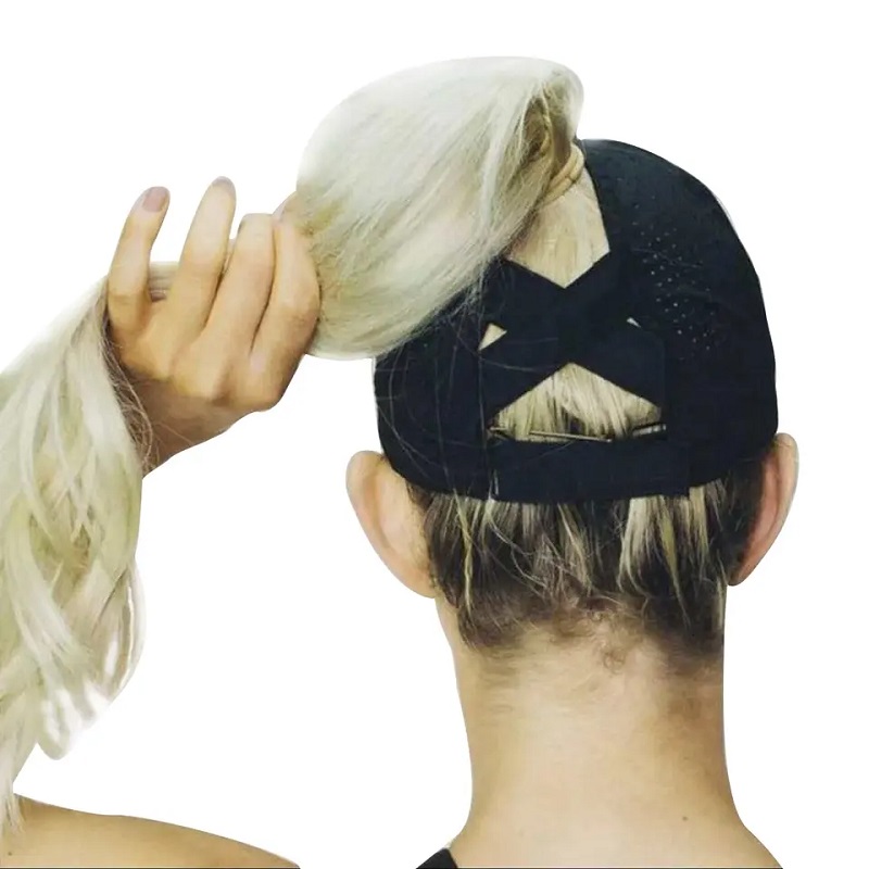 نساء مخصصات مخصصة للبوليستر بوليستر سبانديكس X Criss Cross Crisscross Pony Tail Caps Hats مع Hole Hole