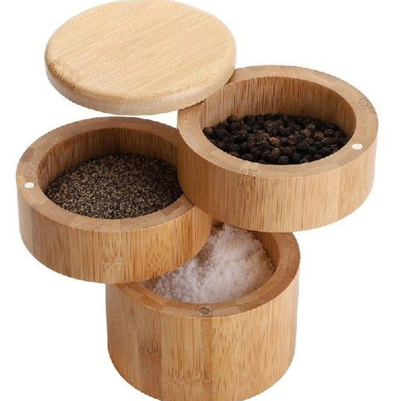 3 Tiers Bamboo Salt Box ، صندوق توابل الخيزران مع مغناطيسي