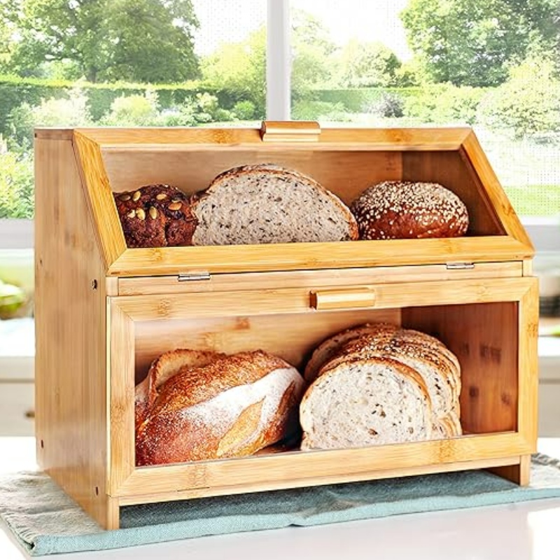 صندوق خبز الخيزران لعداد المطبخ - تخزين خبز مزدوج الطبقة مع نوافذ صافية - صندوق خبز على طراز المزرعة الريفية