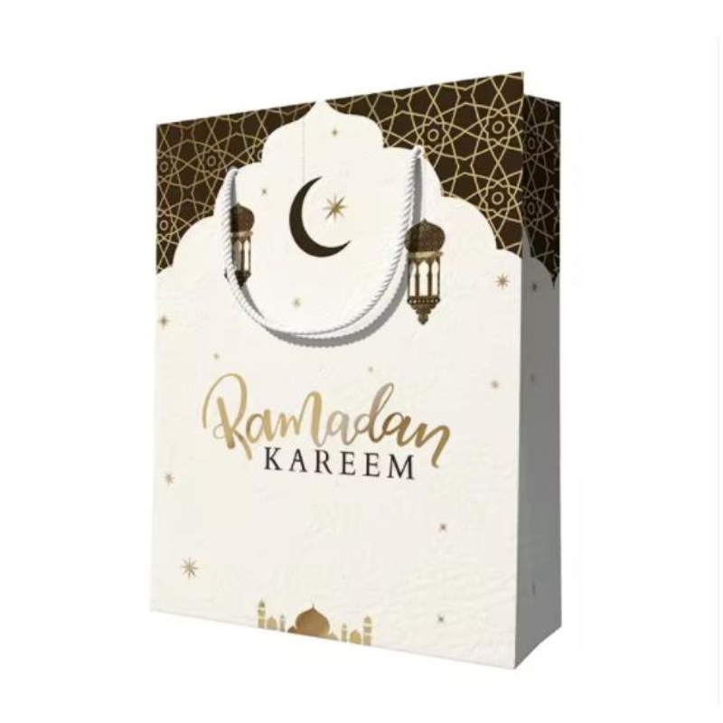 التصميم المخصص لإعادة الاستخدام عيد مبارك راماندا شاش الشاش الإسلامي للتسوق الأكياس الأكياس الورقية مع مقابض مع مقابض