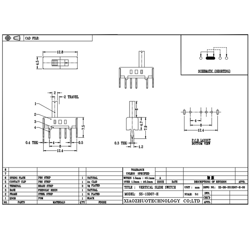 Slide Switch SS13D07 واحد-الصف الرابع-مفتاح تبديل الدبوس الدبني ، مفتاح تبديل عمودي للأجهزة الكهربائية ، 3 ، 4 ، 5 ، و 6 مواضع مفتاح انزلاق