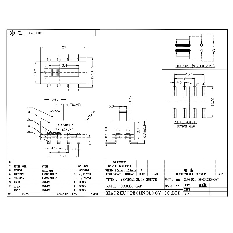 Slide Switch SS23H30 اثنان-موقف للأجهزة المنزلية ، والرعاية الطبية ، ومعدات العناية بالجمال والعناية بالشعر ، عالية-الحالي 3-موضع التبديل انزلاق