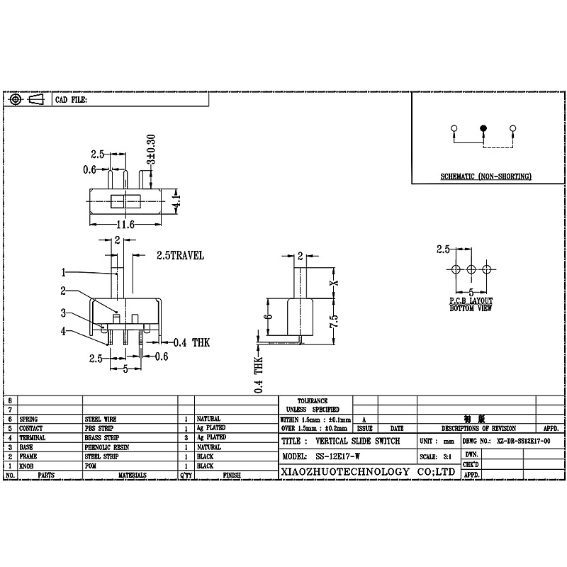 Slide Switch SS12E17 سخان كهربائي مفتاح التبديل الانحناء-الموقف 3-دبوس تبديل التبديل