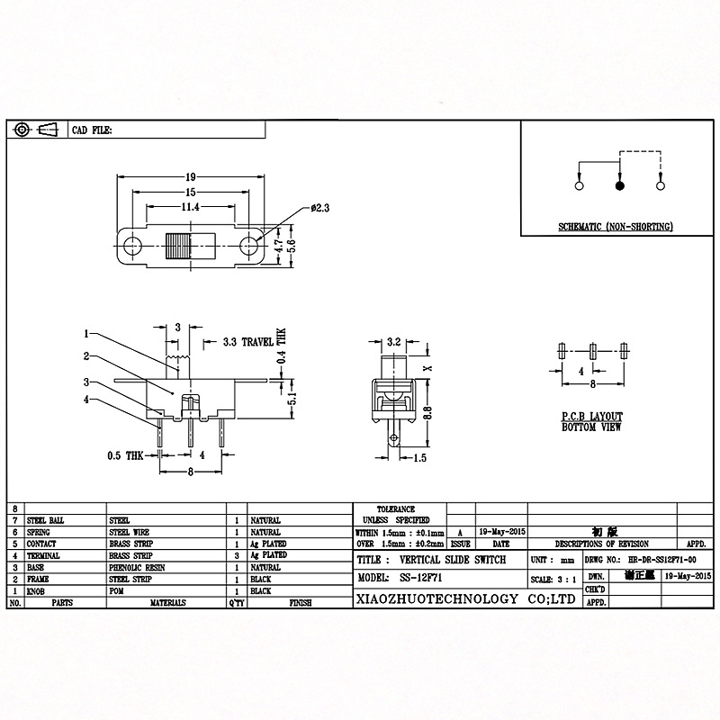 Slide Switch SS12F71 Toy Audio Single-الصف الثالث-دبوس مفتاح انزلاق مصباح LED Switch Micro Vertical Slide