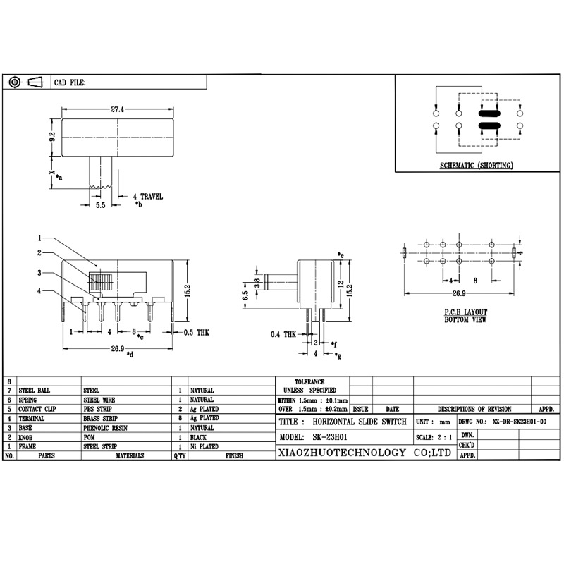 Slide Switch SK23H01 ثنائي القطب الصغير ثلاثة-الموقف الثاني-الصف الثامن-دبوس الجانب الأفقي-سحب 2P3T مفتاح الشريحة